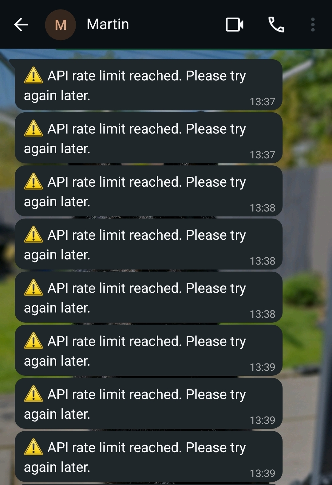 An image of a WhatsApp chat with "Martin", with seven messages that say "API Rate limit reached. Please try again later".